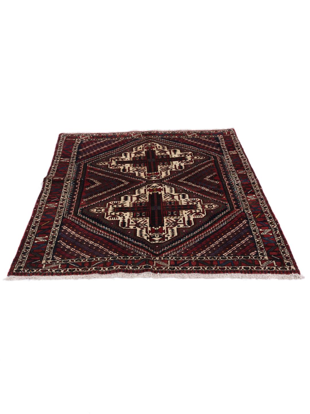 Hand-knotted Afshar Shahre Babak rug with geometric patterns in red and dark tones
