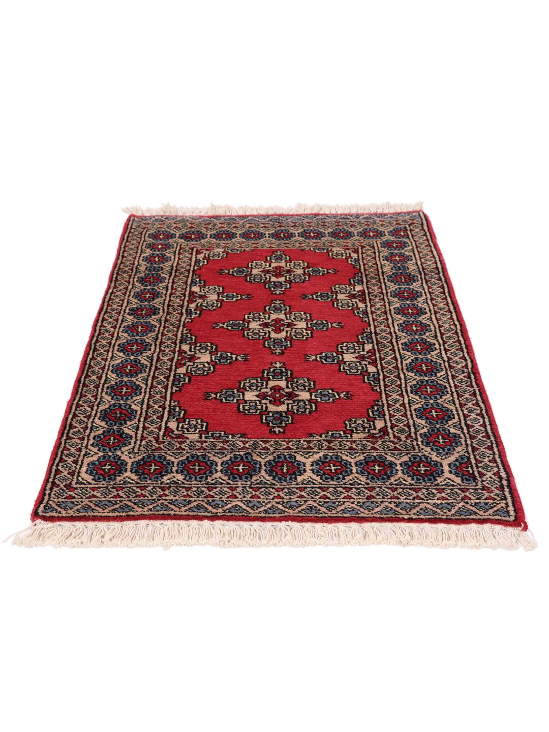Hand-knotted Pakistan Bokhara rug in red with geometric motifs