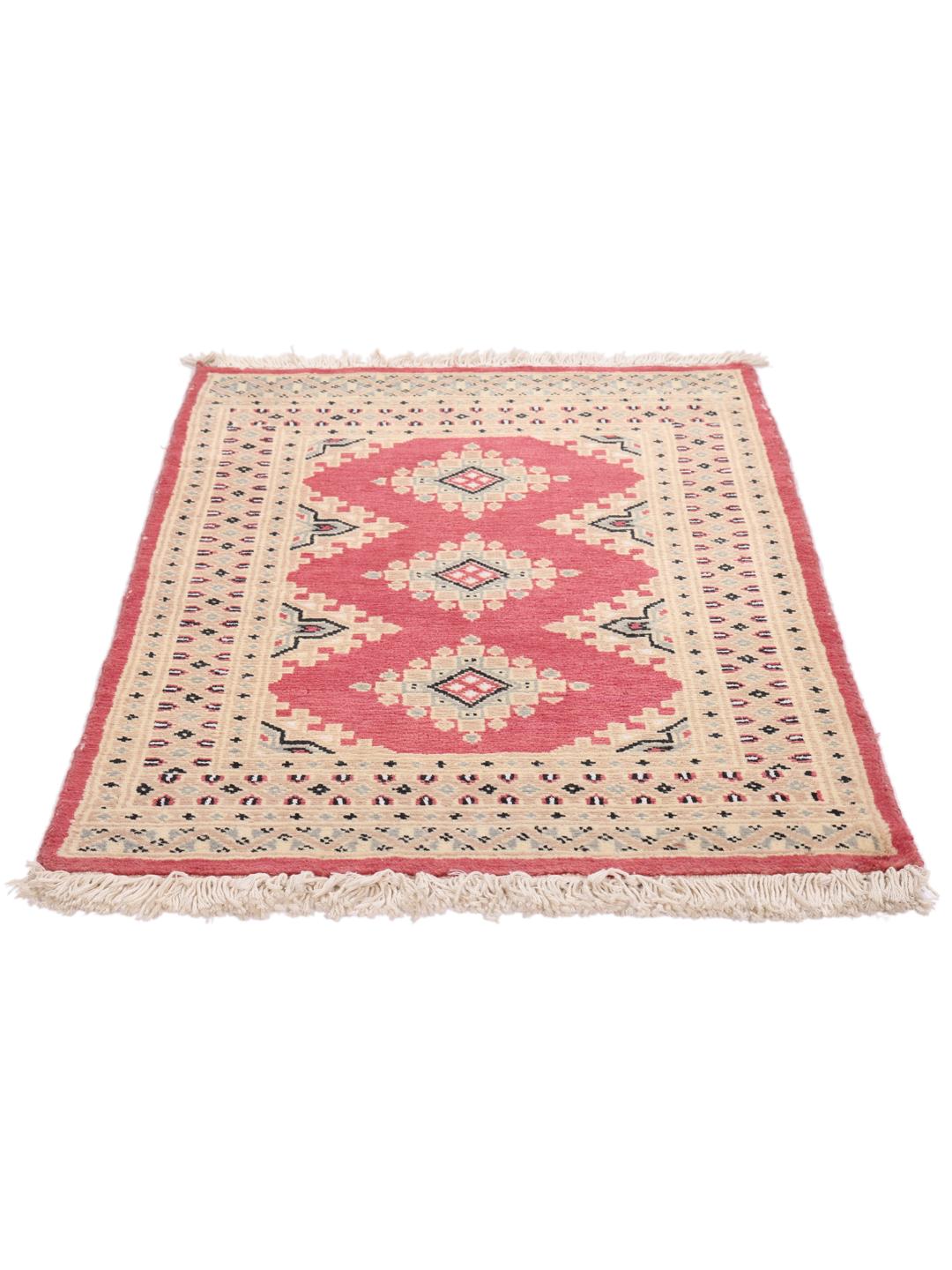Hand-knotted Pakistan Bokhara 2ply rug with a red field and geometric patterns