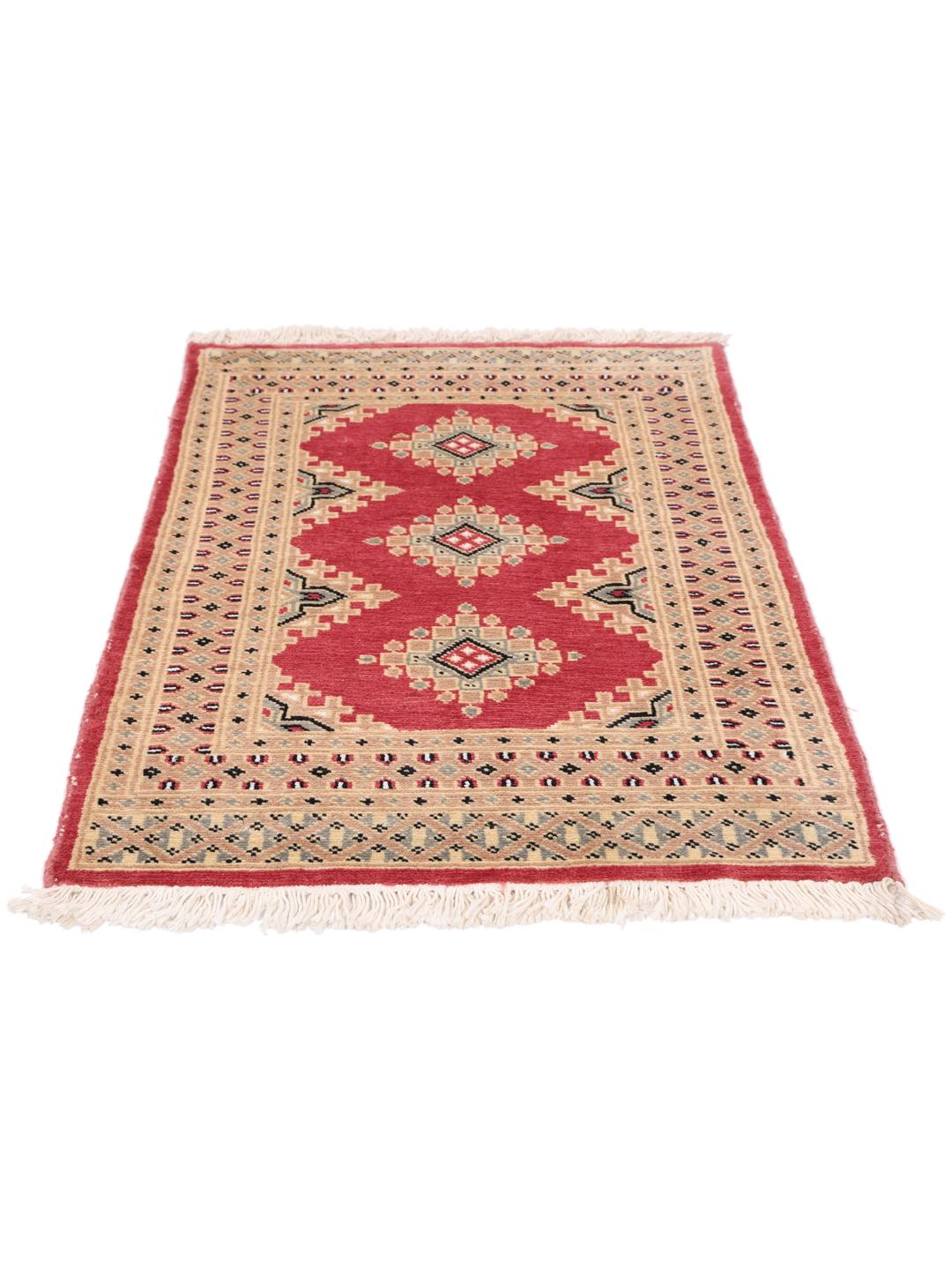 Hand-knotted Pakistan Bokhara 2ply rug with a red field and geometric patterns