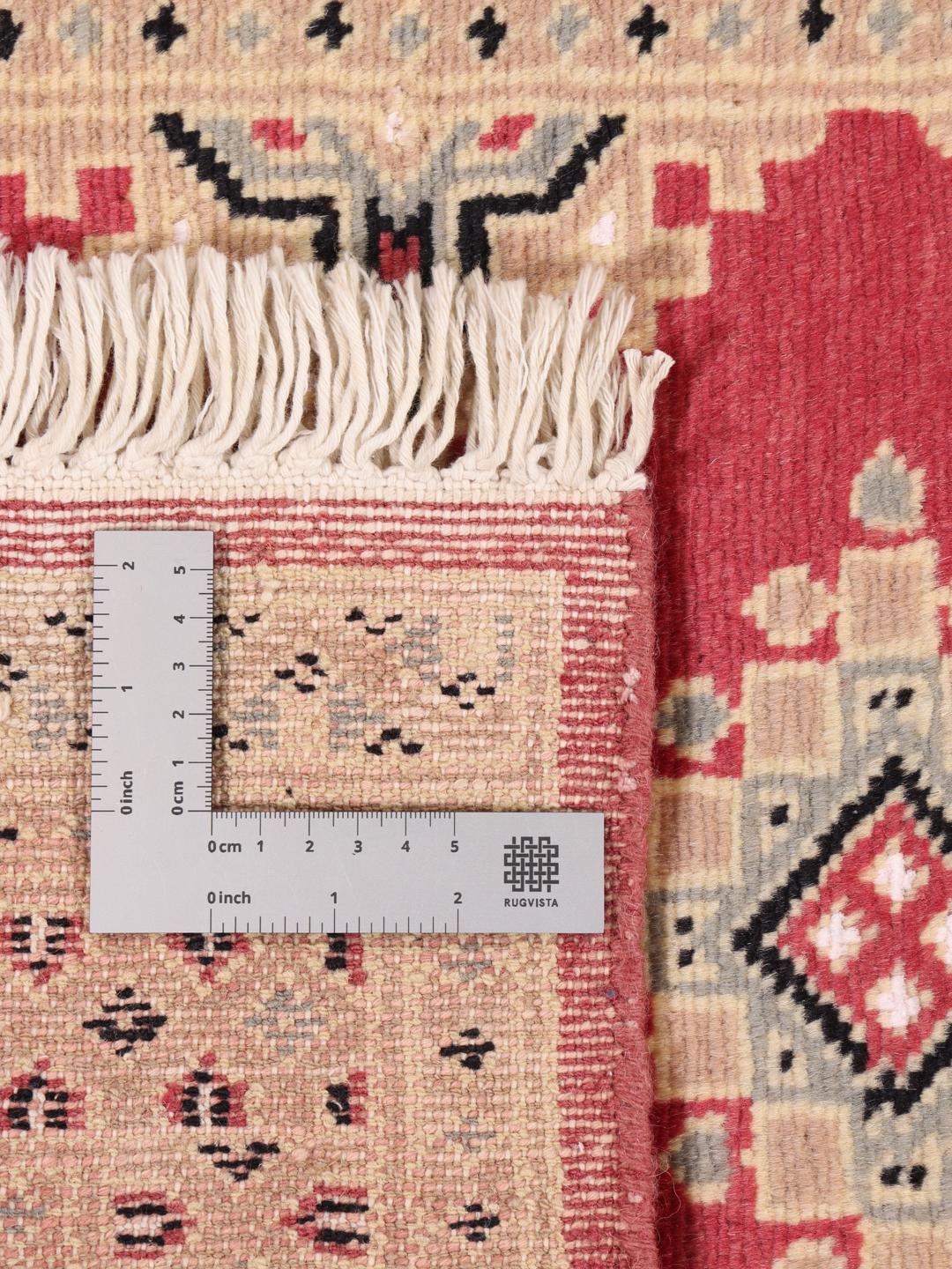 Hand-knotted Pakistan Bokhara 2ply rug with a red field and geometric patterns