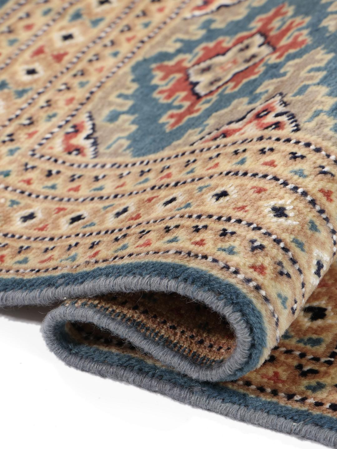 Hand-knotted red and blue Pakistan Bokhara 2ply rug