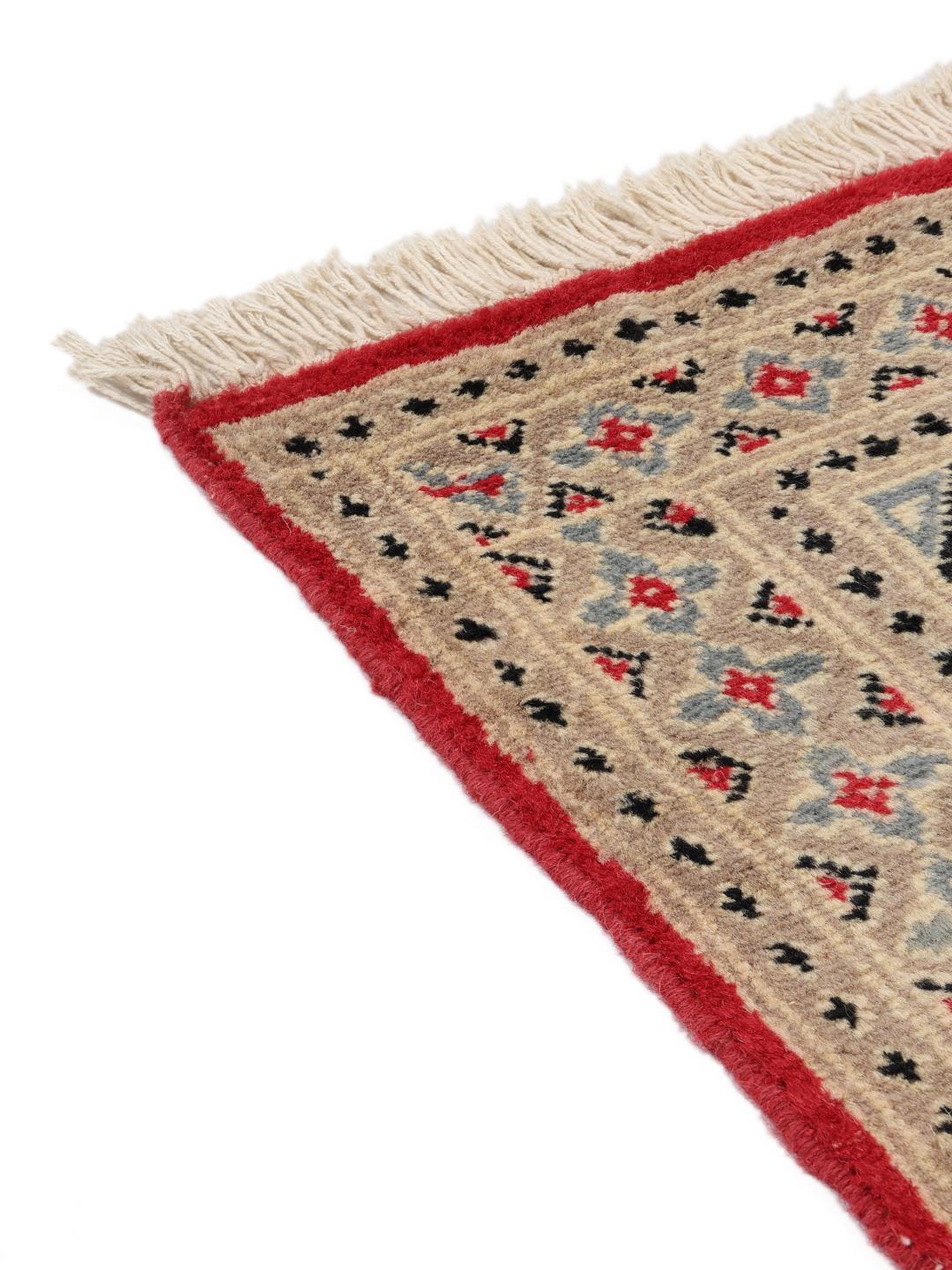 A hand-knotted Pakistan Bokhara 2ply rug with a red field and geometric motifs.