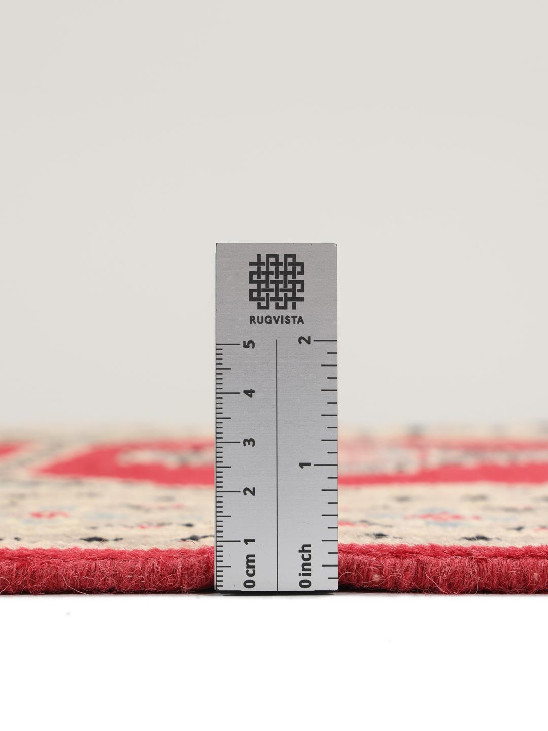 A hand-knotted Pakistan Bokhara 2ply rug with a red field and geometric motifs.