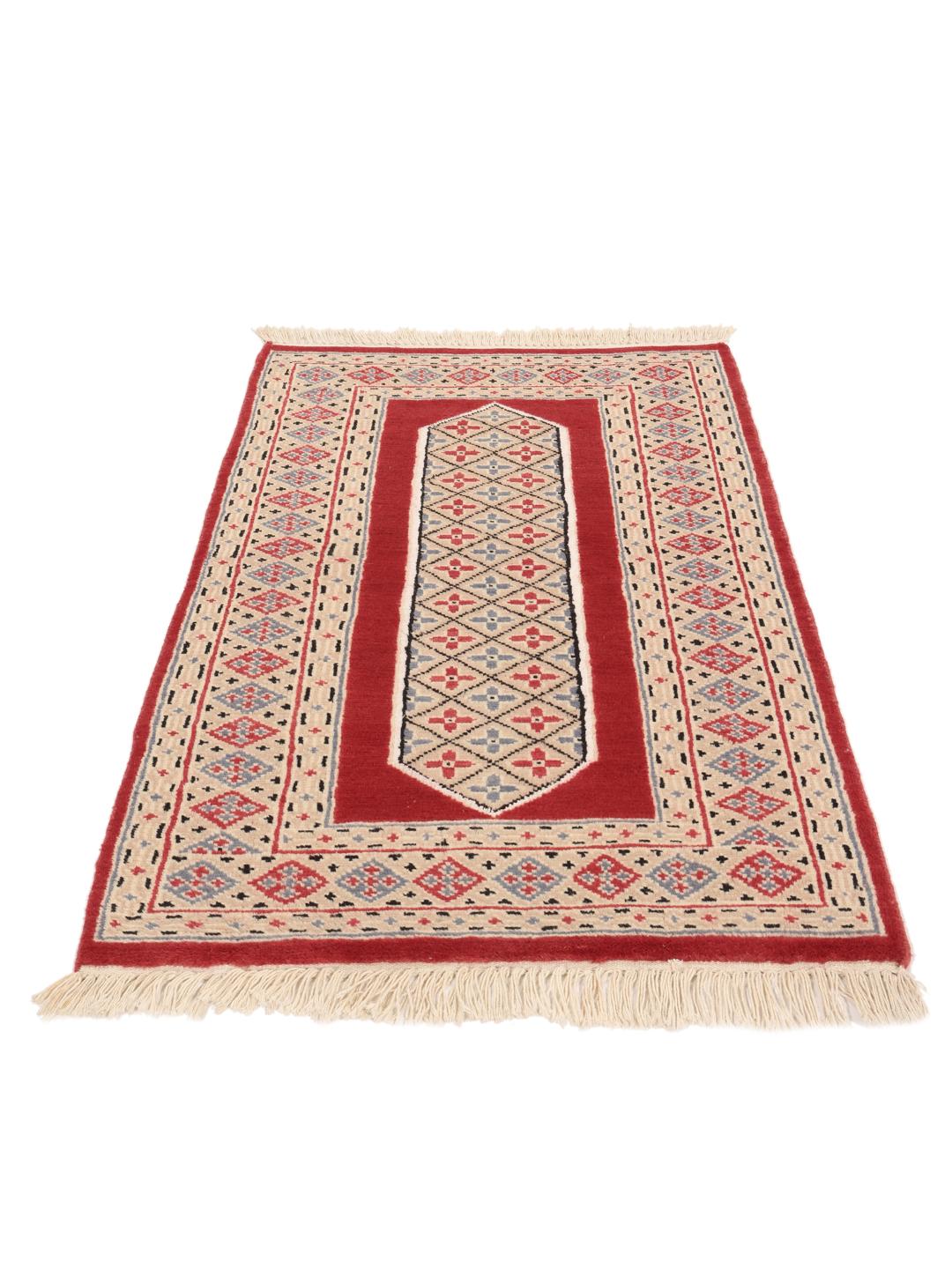 Hand-knotted Pakistan Bokhara 2ply rug with red and beige geometric patterns