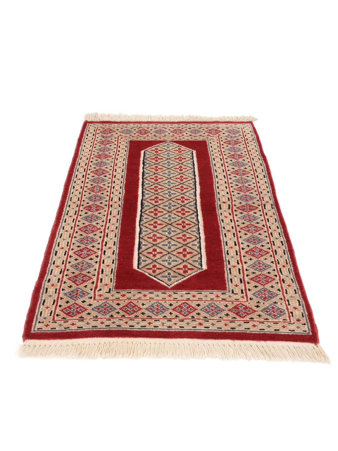 Hand-knotted Pakistan Bokhara 2ply rug with red and beige geometric patterns