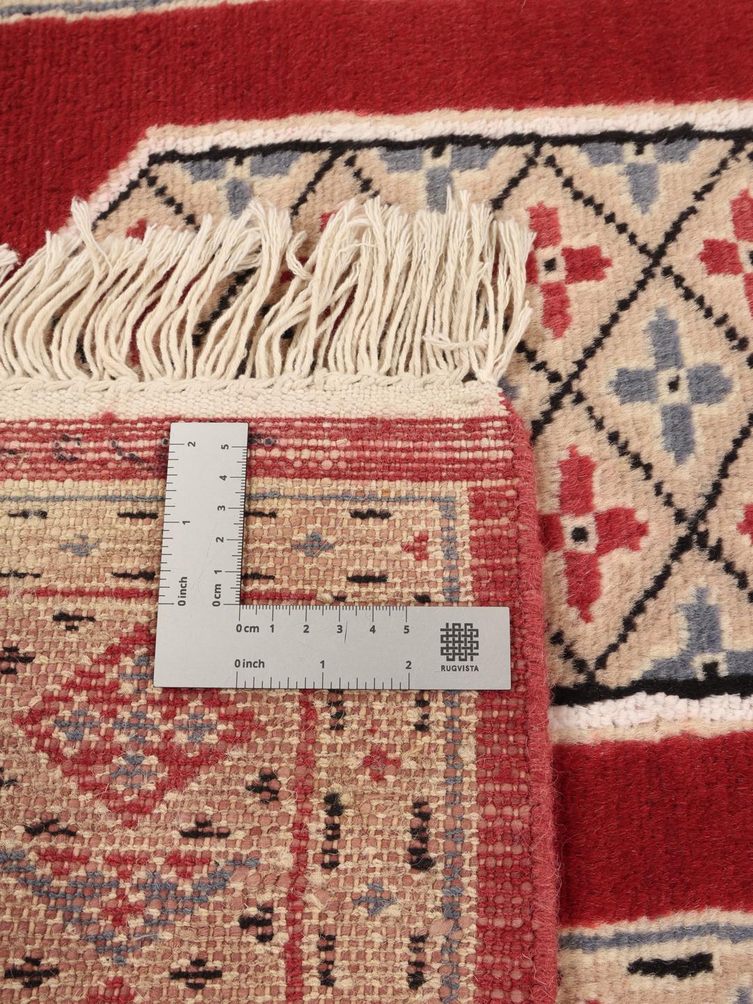 Hand-knotted Pakistan Bokhara 2ply rug with red and beige geometric patterns