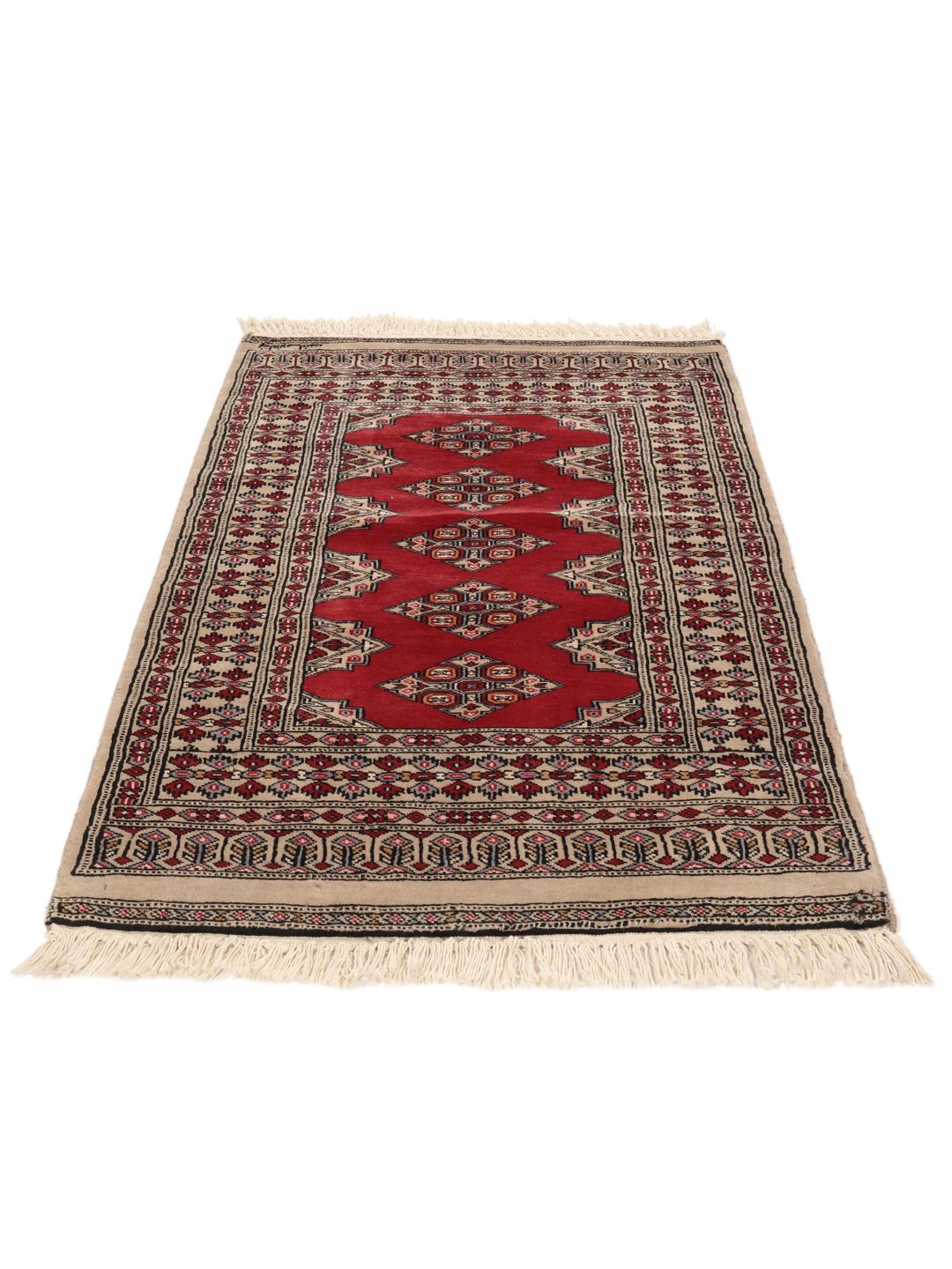 Hand-knotted Pakistan Bokhara rug with a red field and geometric motifs