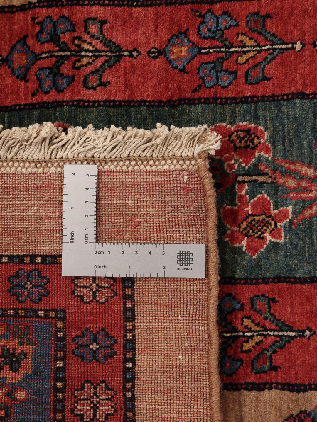 Handgeknoopt Gabbeh Kashkooli tapijt uit het Midden-Oosten in rode en blauwgroene wol.