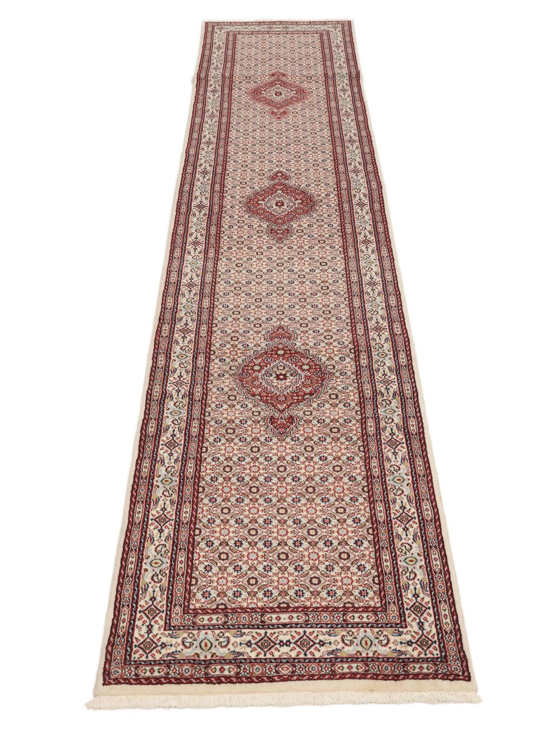 Hand-knotted Moud runner rug in beige and red from the Middle East