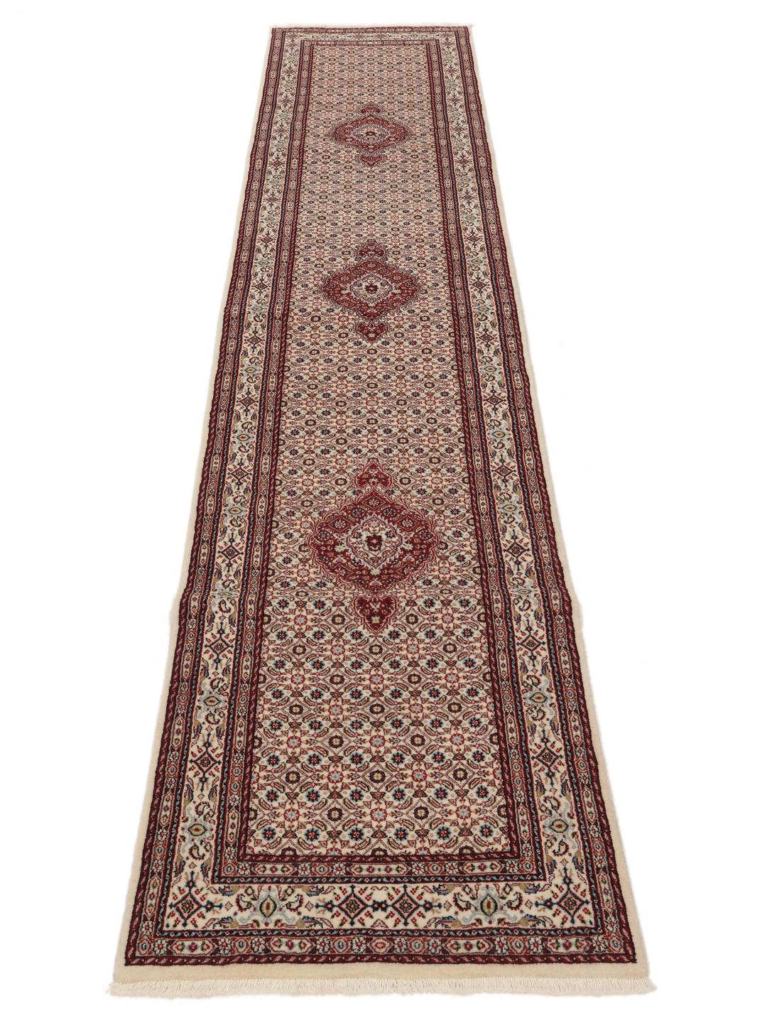 Hand-knotted Moud runner rug in beige and red from the Middle East
