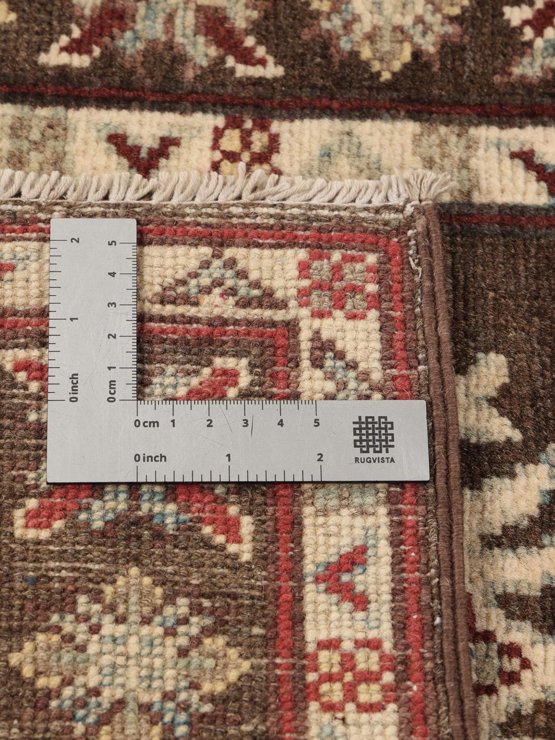 Handgeknoopte Afghaanse Kazak wollen loper in bruin met geometrische medaillons