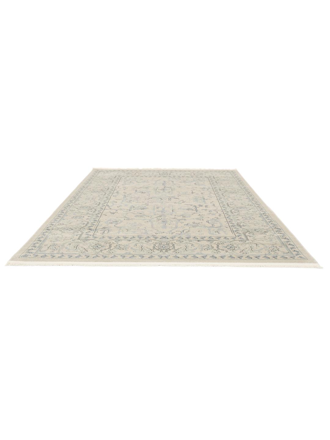 vierkant beige en lichtblauw tapijt met franjes