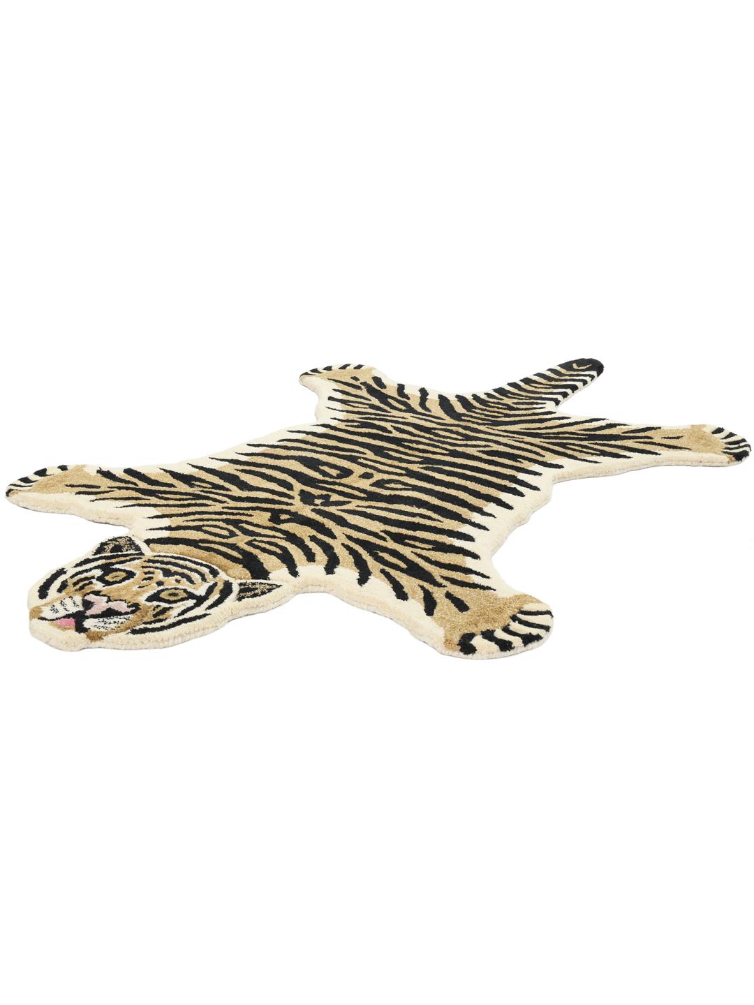 Beige tæppe i en uregelmæssig tigerform med sorte striber