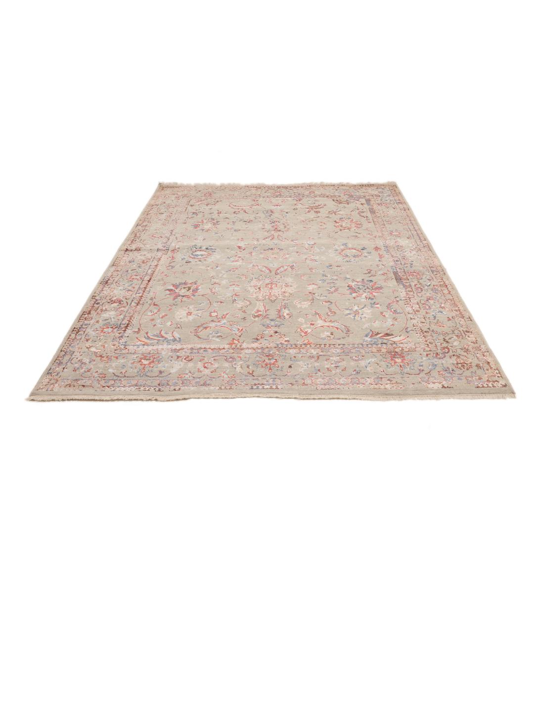 Håndknyttet beige tæppe med blomstermotiver af indisk oprindelse
