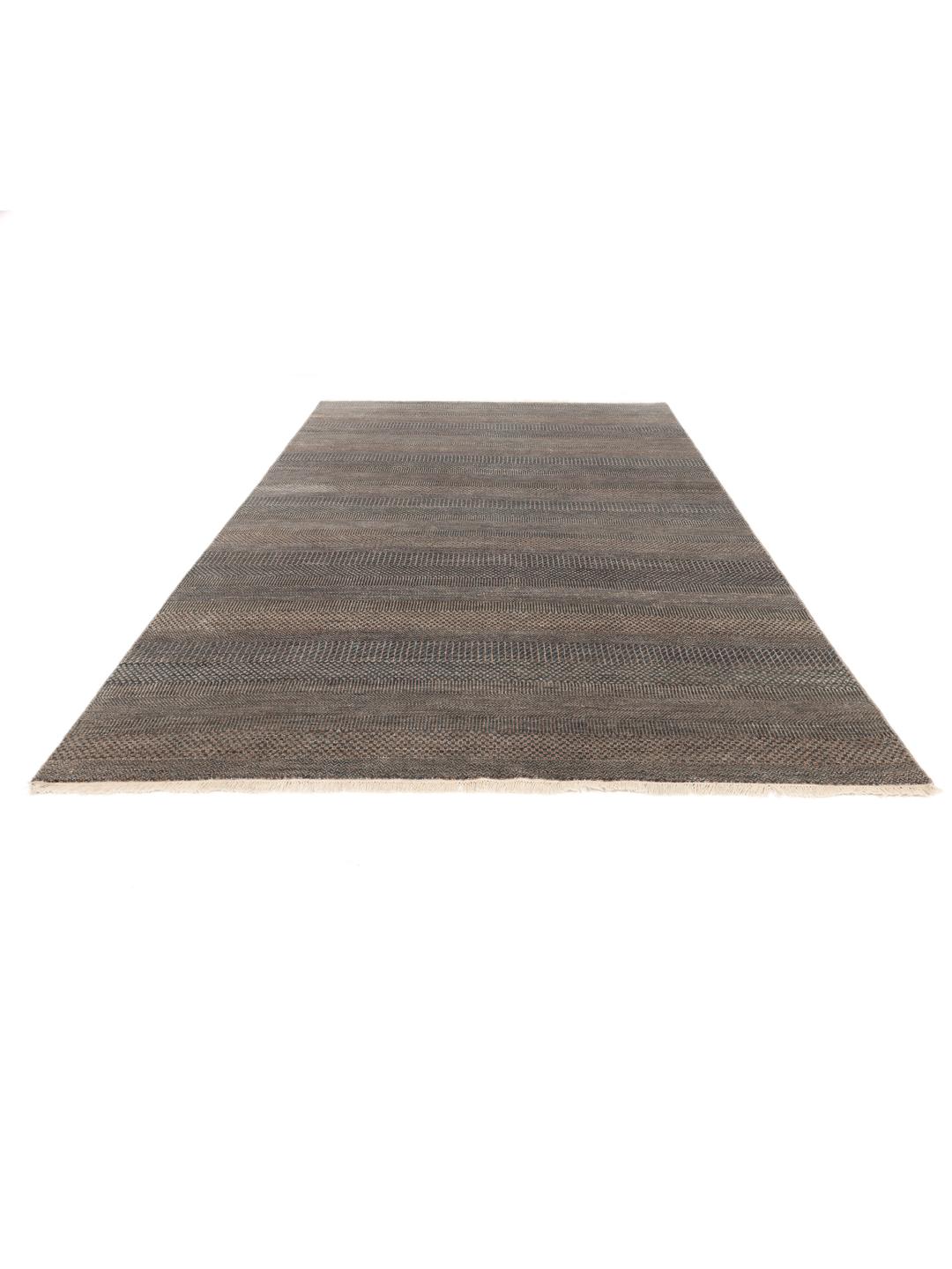 Hand-knotted grey Gabbeh rug from India with organic striped pattern