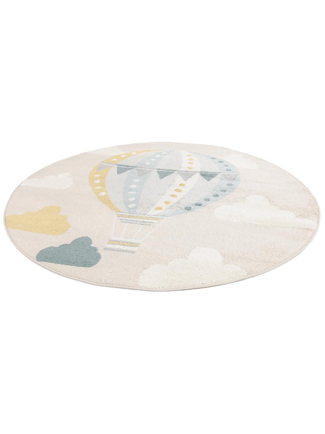 Rond vloerkleed met een luchtballonpatroon in beige en blauw