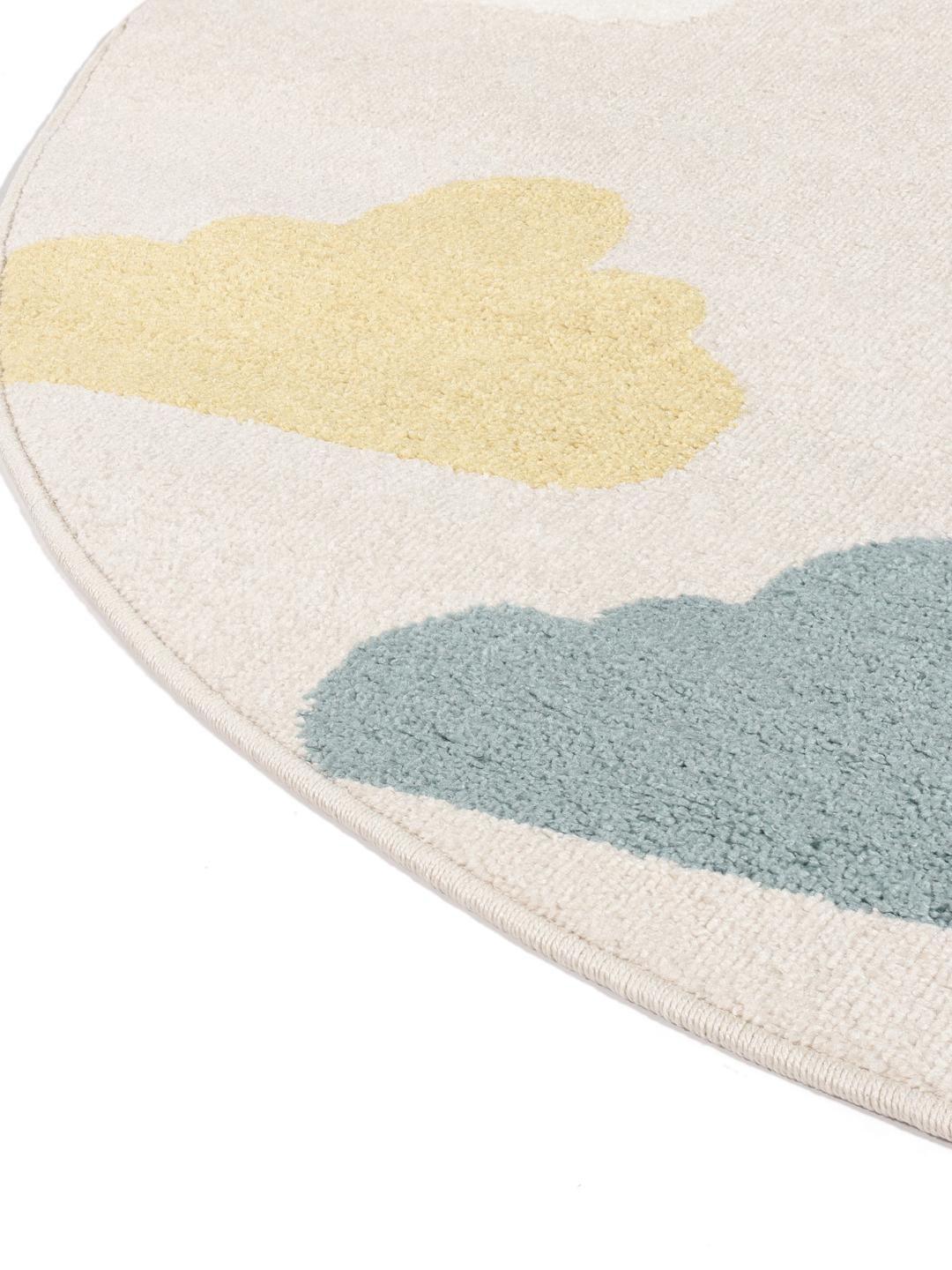 Rond vloerkleed met een luchtballonpatroon in beige en blauw