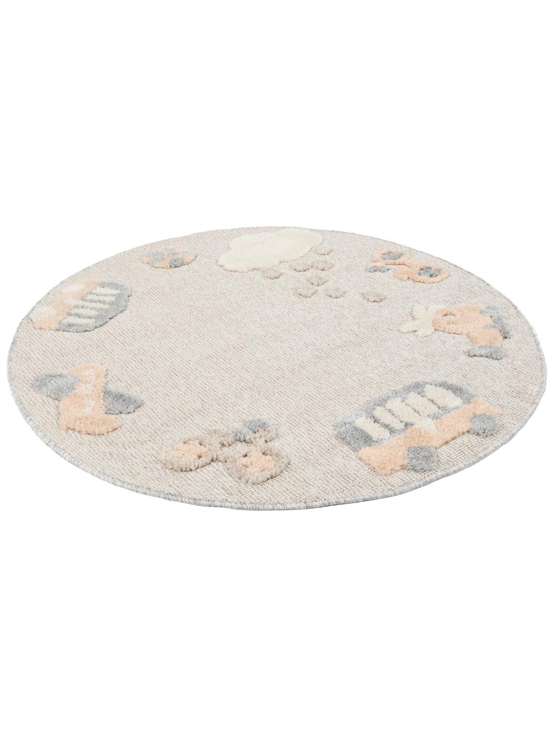 Tapis rond avec des motifs de transport et de météo en terracotta et rouge