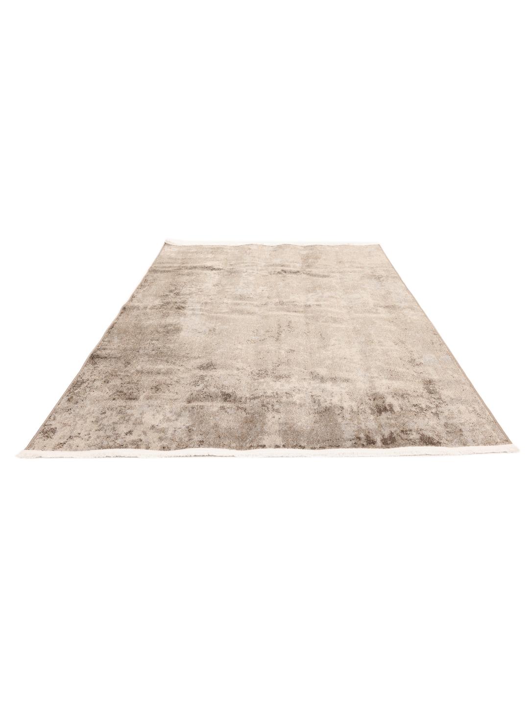 Tapis beige et gris avec un motif patiné et des détails de franges