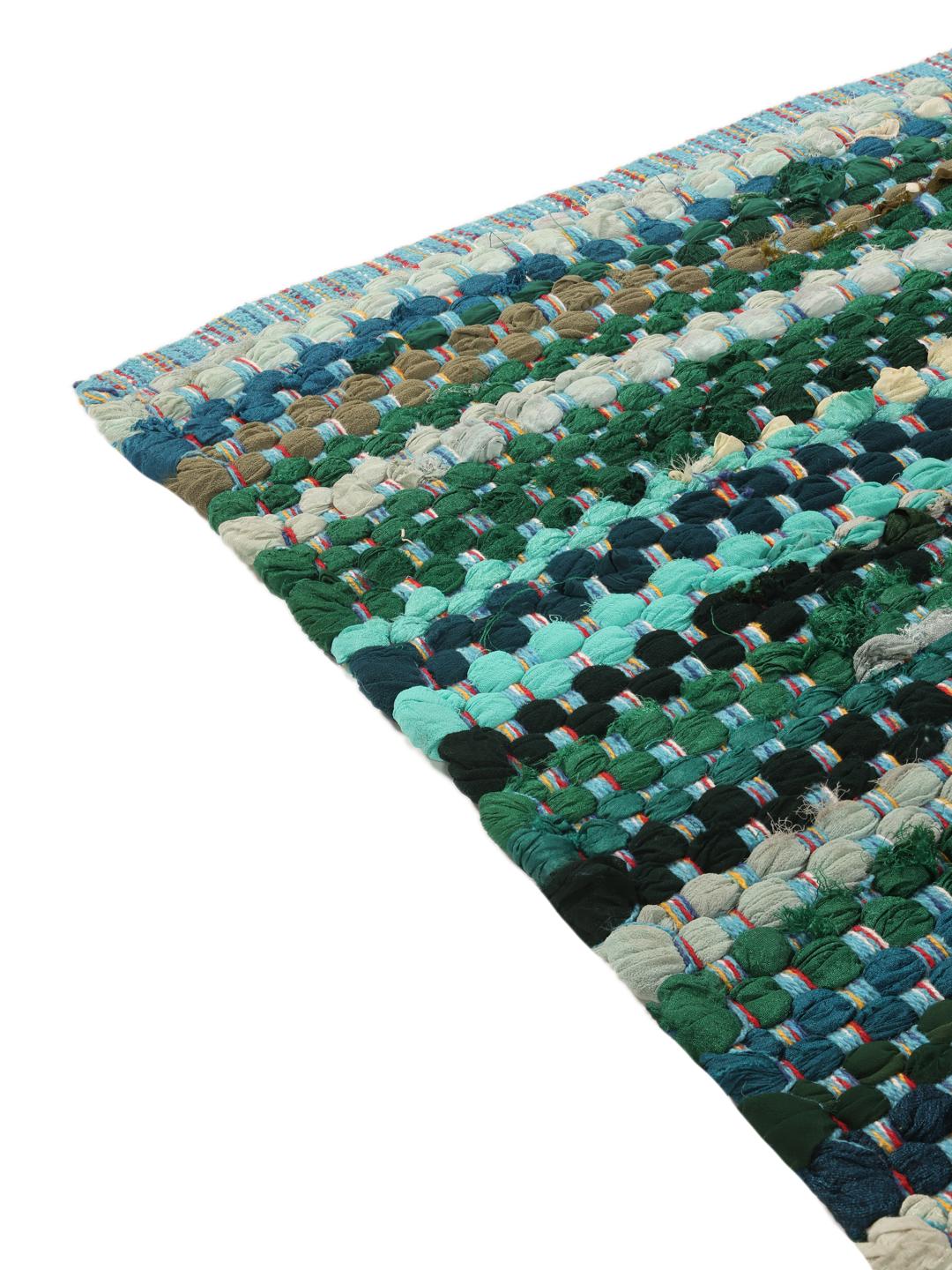 Tapis de couloir en coton tissé à la main multicolore dans des tons bleu sarcelle et turquoise