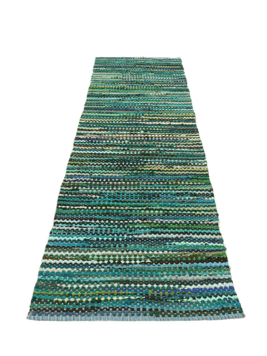 Tapis de couloir en coton tissé à la main multicolore dans des tons bleu sarcelle et turquoise