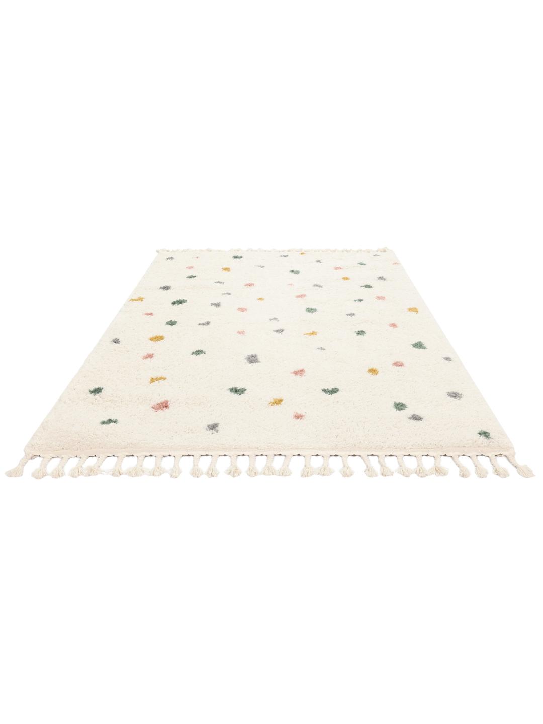 wit vloerkleed met kleurrijke details en franjes