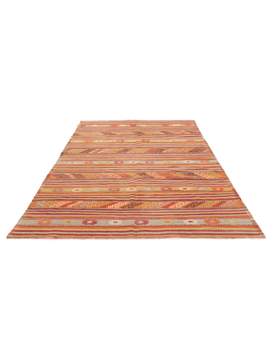 Tapis kilim turc tissé à la main avec des rayures horizontales et des motifs géométriques multicolores