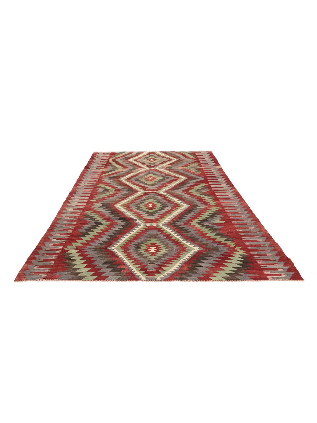 Handgeweven Turks kelimkleed met levendige geometrische patronen in rood, groen en grijs