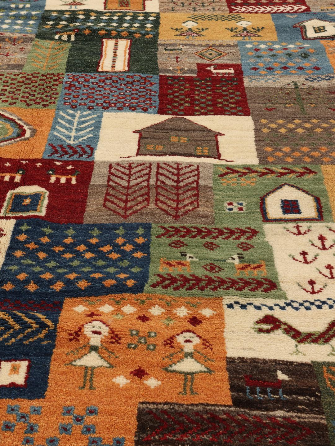 Handgeknoopt Loribaft-tapijt met veelkleurige picturale motieven uit het Midden-Oosten