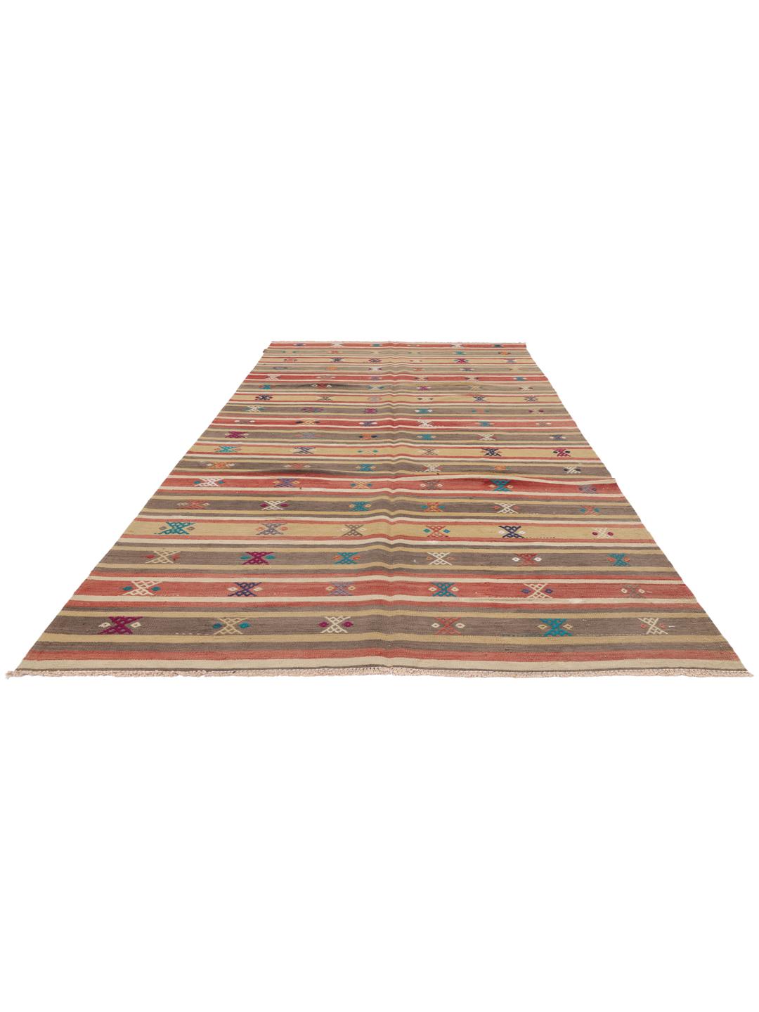 Tapis Kilim vintage turc avec des rayures multicolores et des motifs géométriques
