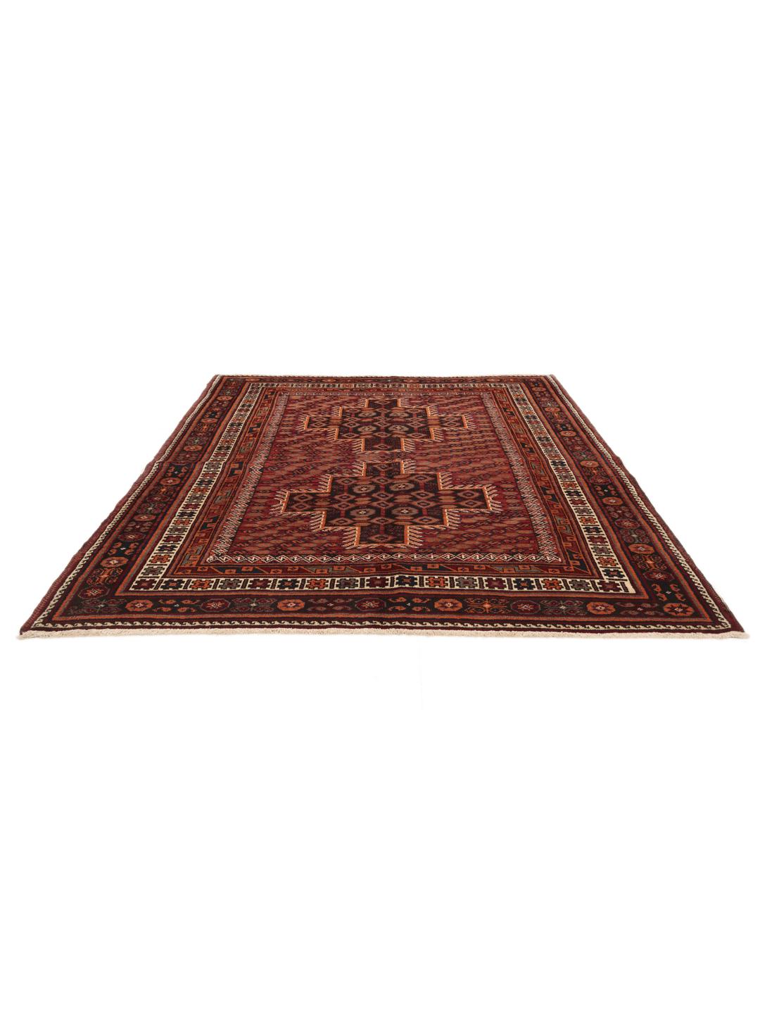 Hand-knotted Afshar rug from the Middle East with a red and dark-red geometric design