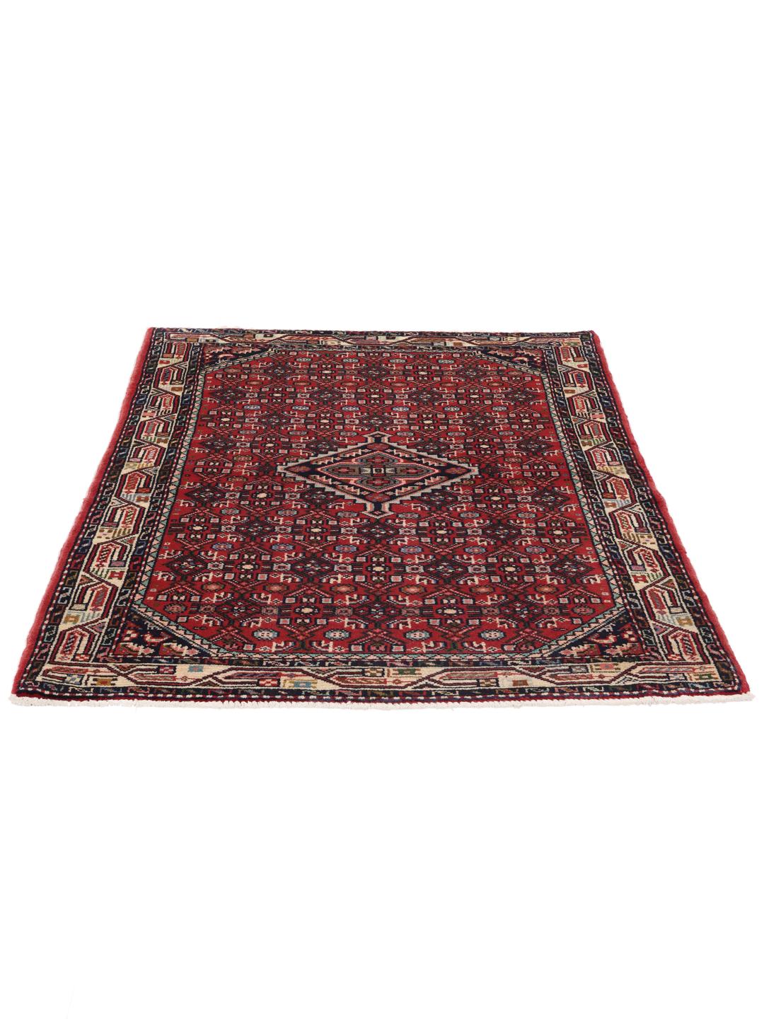 A hand-knotted Hamadan rug from the Middle East featuring a vibrant red and dark blue geometric pattern.