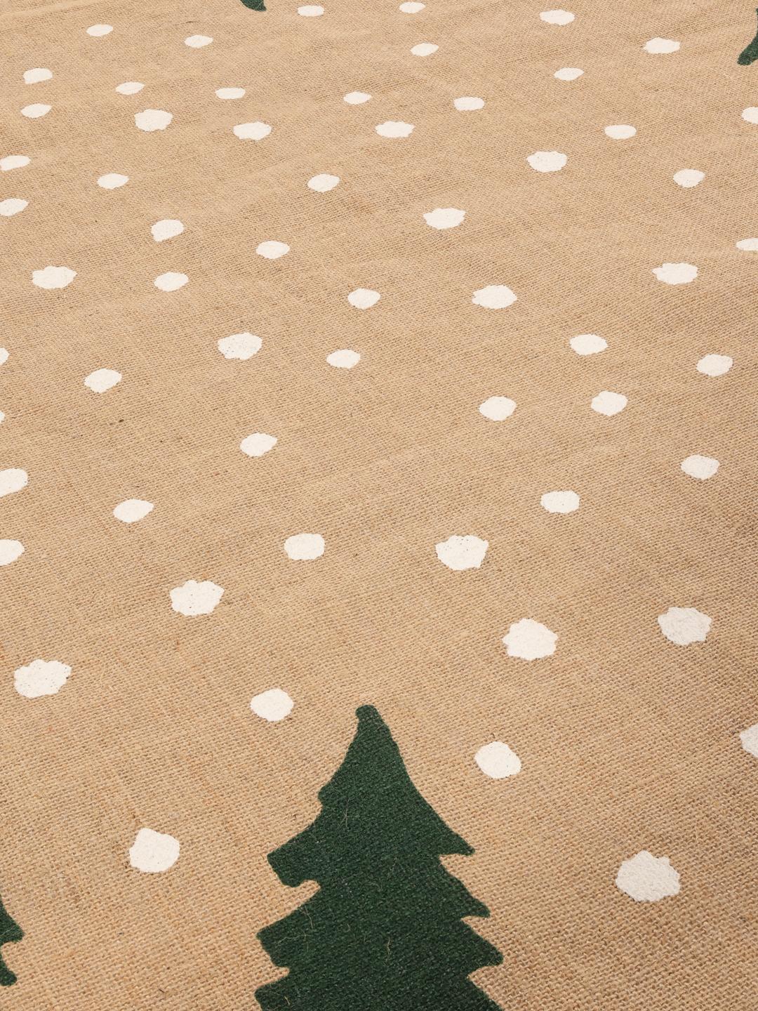 Tapis rond beige et vert avec des motifs d'arbres et des franges
