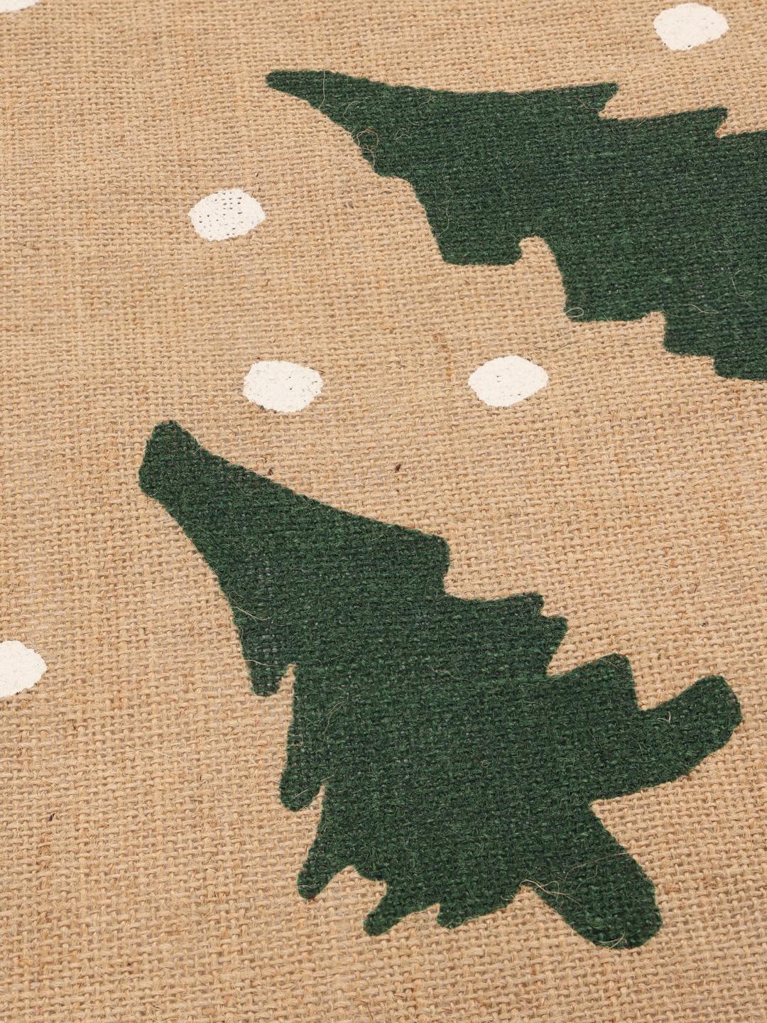 Tapis rond beige et vert avec des motifs d'arbres et des franges