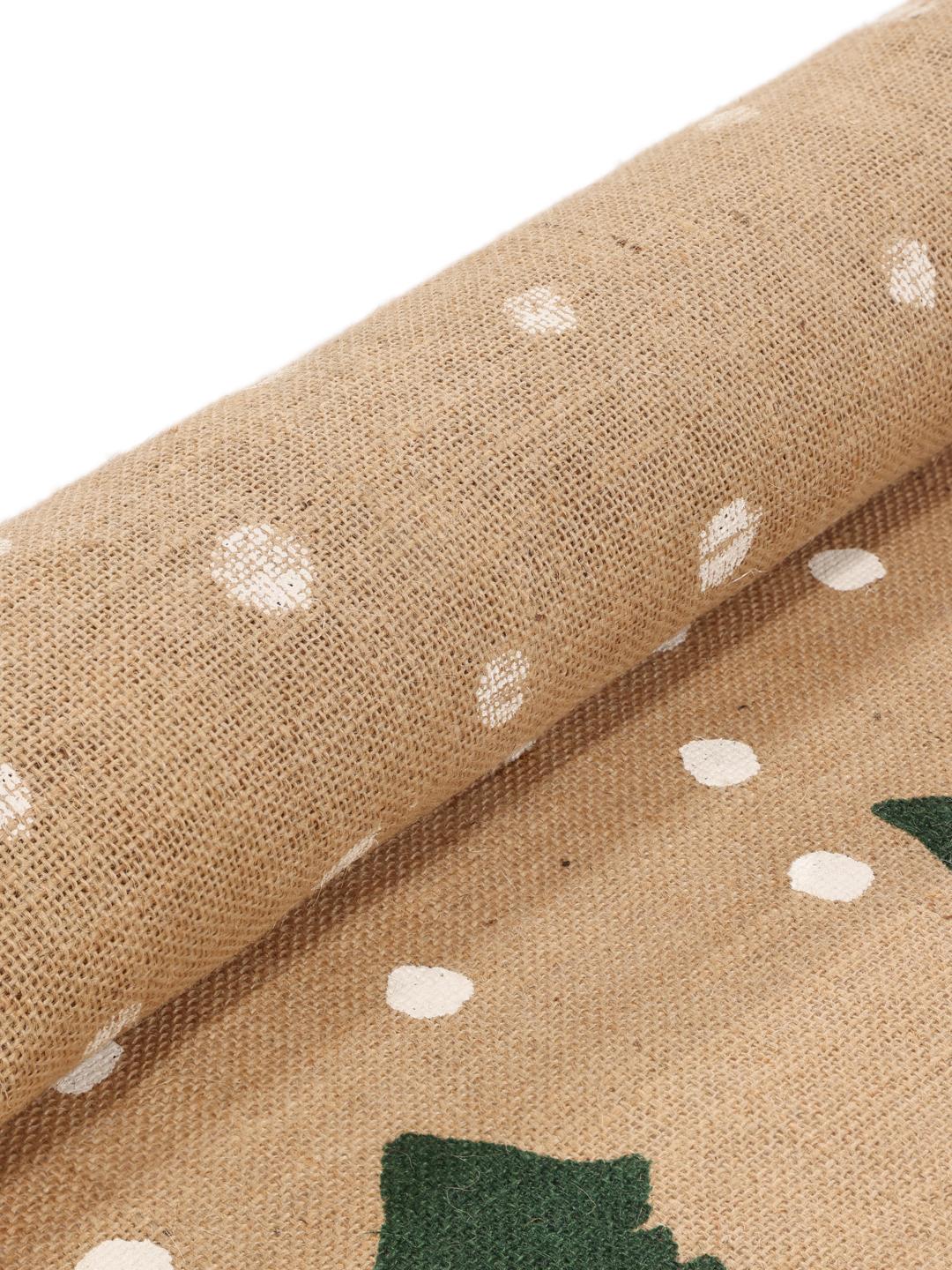 Tapis rond beige et vert avec des motifs d'arbres et des franges