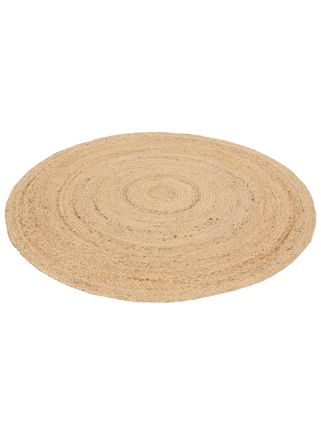 Rundt beige tæppe lavet af naturlig jute