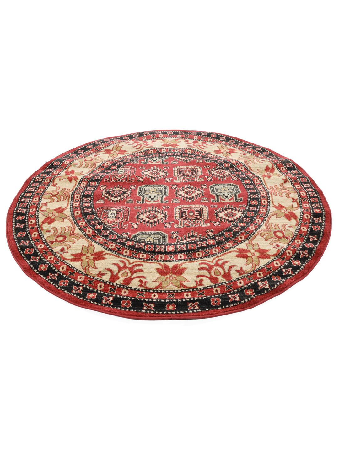 Tapis rond Kazak Simav avec des motifs traditionnels rouges et beiges