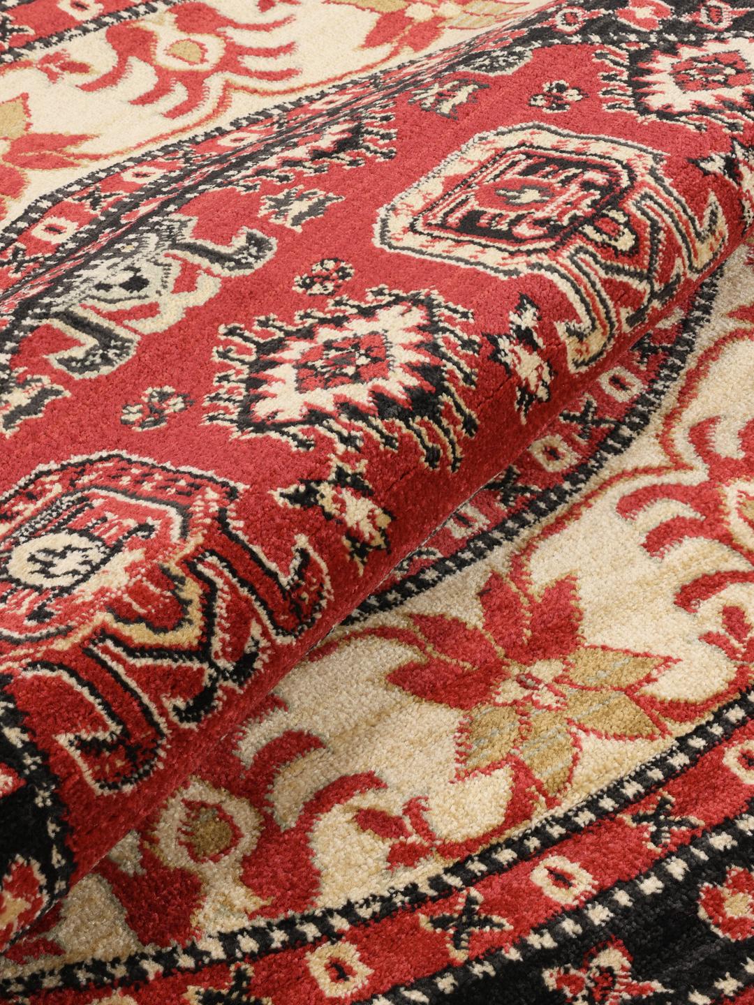 Tapis rond Kazak Simav avec des motifs traditionnels rouges et beiges