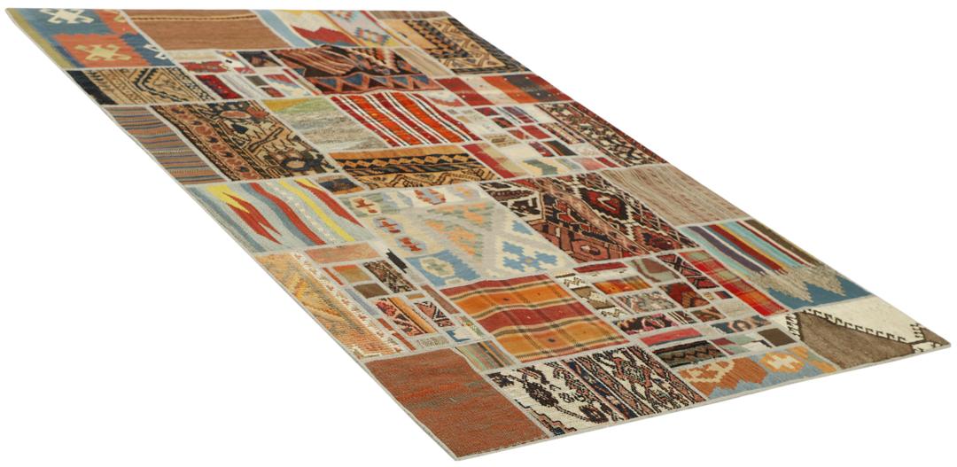Handgemaakt multicolour wollen vloerkleed met patchwork patroon uit het Midden-Oosten