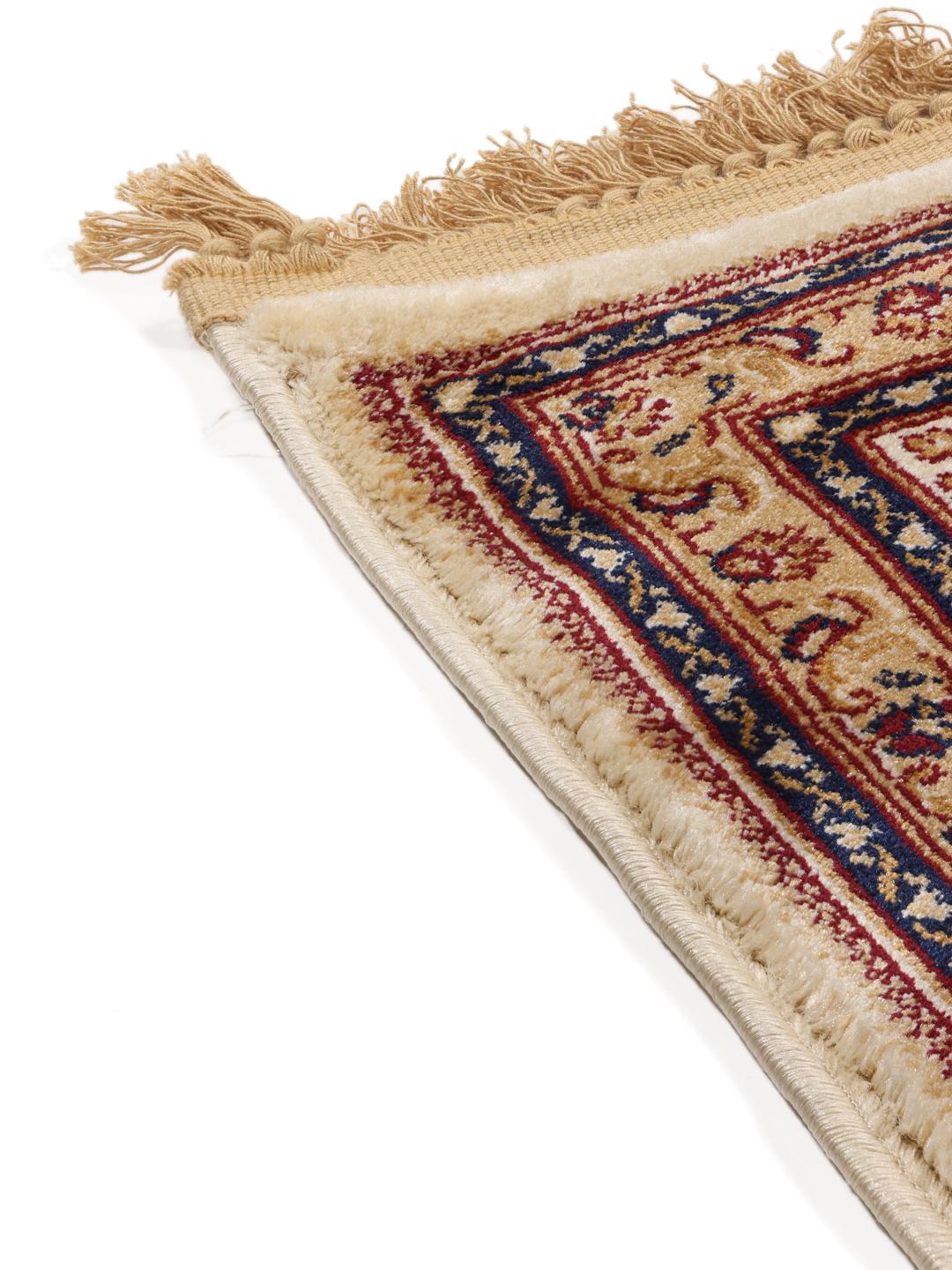 Beige floral medallion rug with intricate Middle Eastern inspired patterns