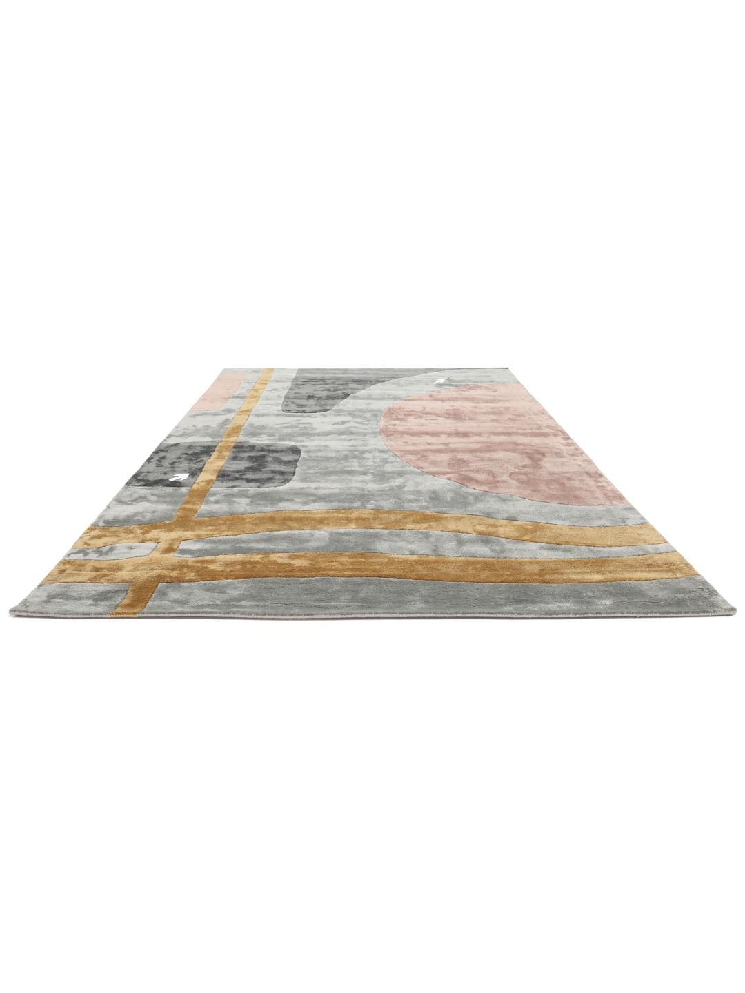 Eigentijds abstract vloerkleed met roze, grijze en gouden geometrische vormen