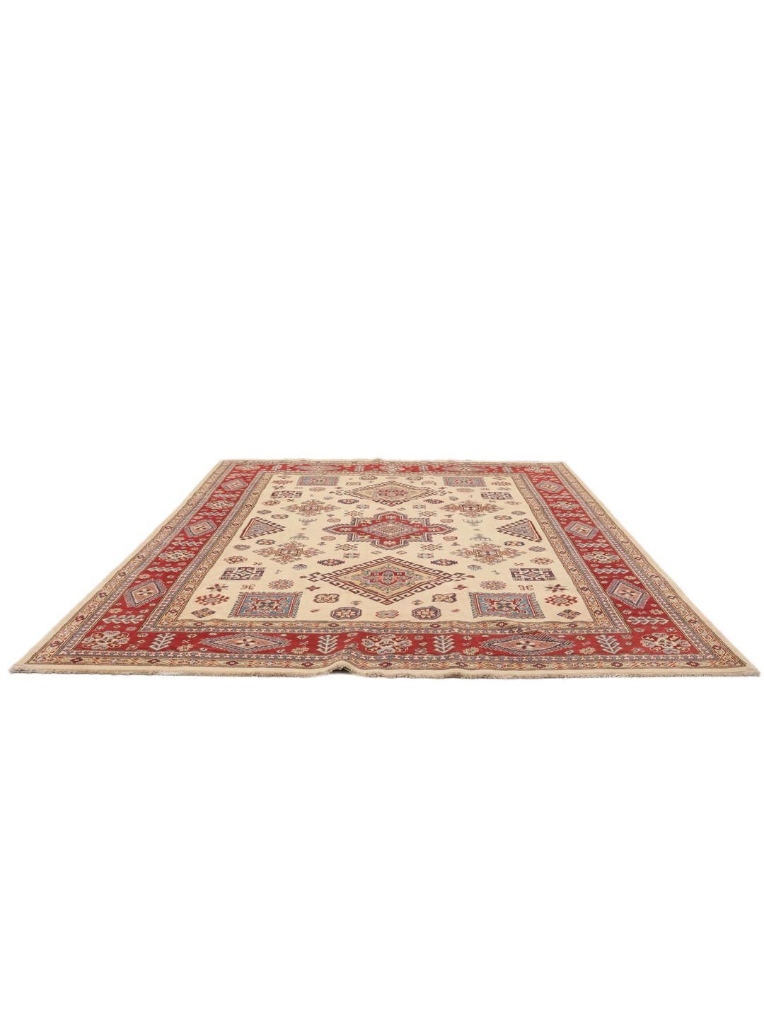 Tapis Kazak afghan noué à la main avec motifs géométriques en beige et rouge