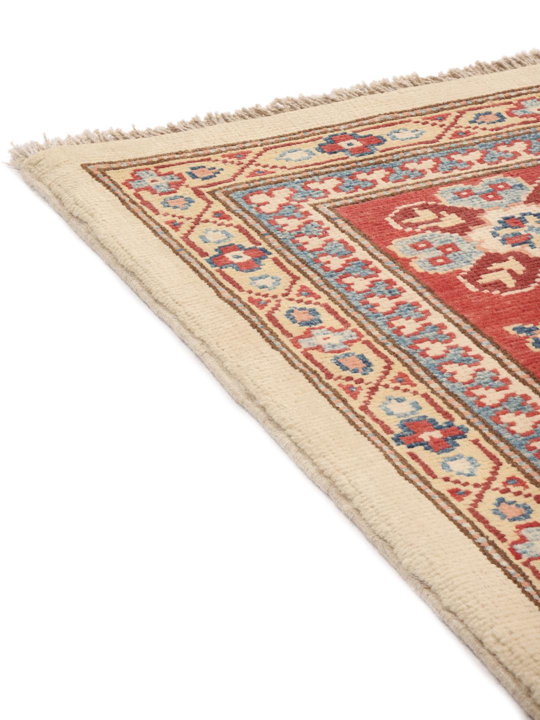 Tapis Kazak afghan noué à la main avec motifs géométriques en beige et rouge