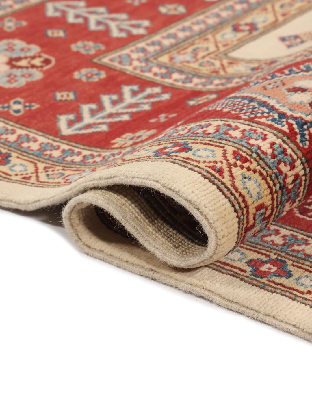 Tapis Kazak afghan noué à la main avec motifs géométriques en beige et rouge