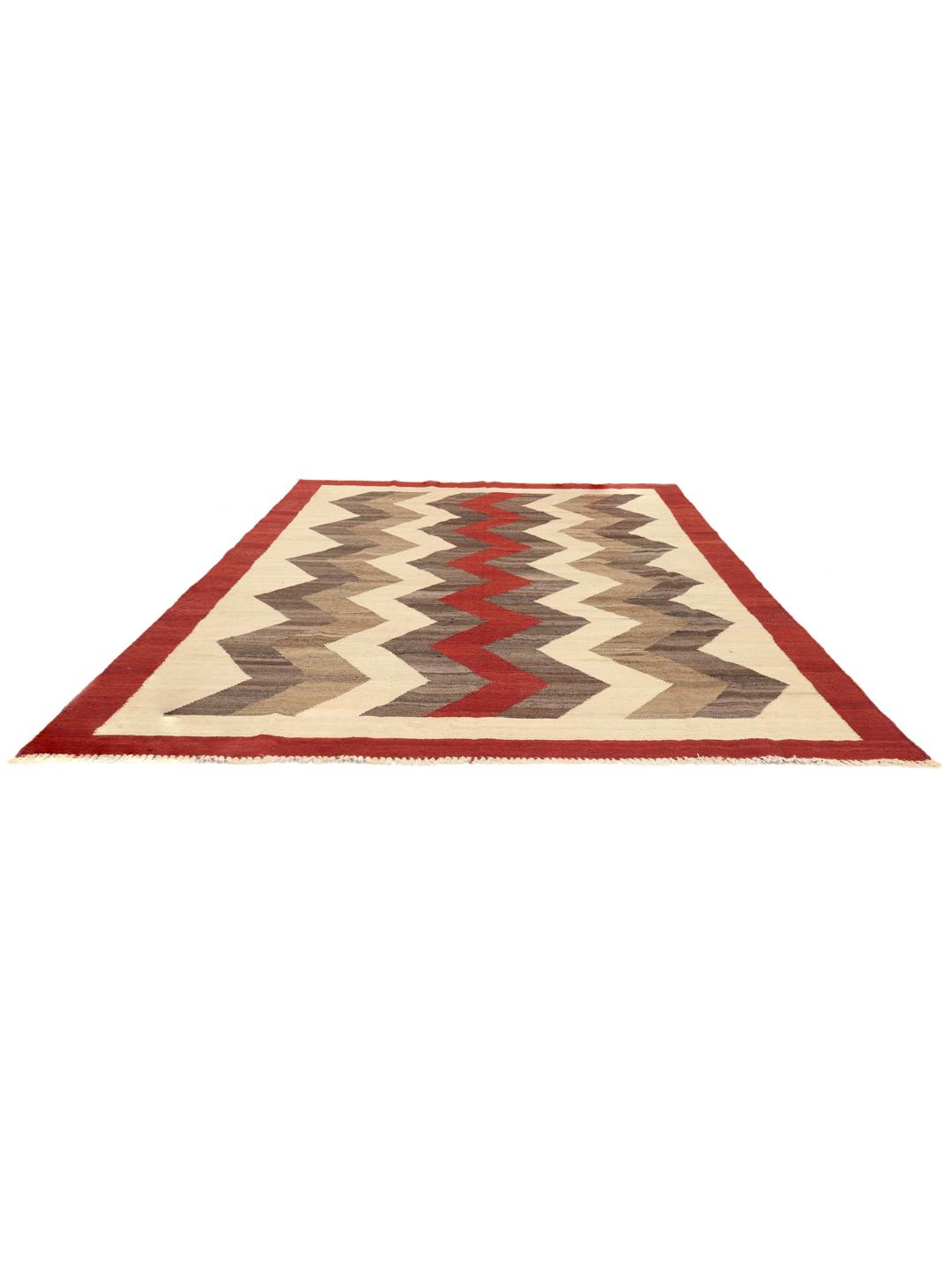 Handgeweven Afghaans Kilim-tapijt met een rood en bruin zigzagpatroon op een crèmekleurige achtergrond