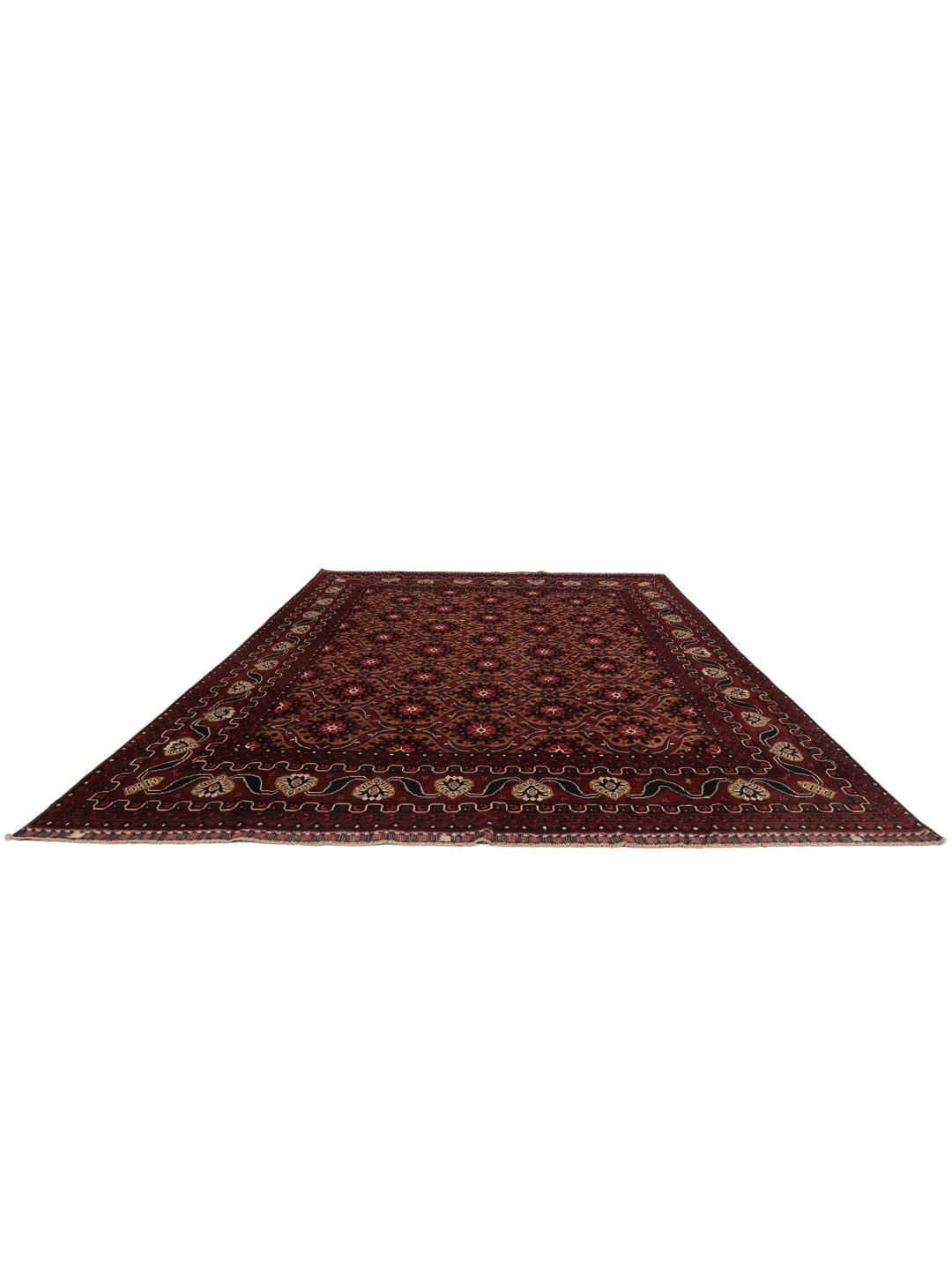 Hand-knotted Afghan Kunduz rug in dark-red with geometric medallions