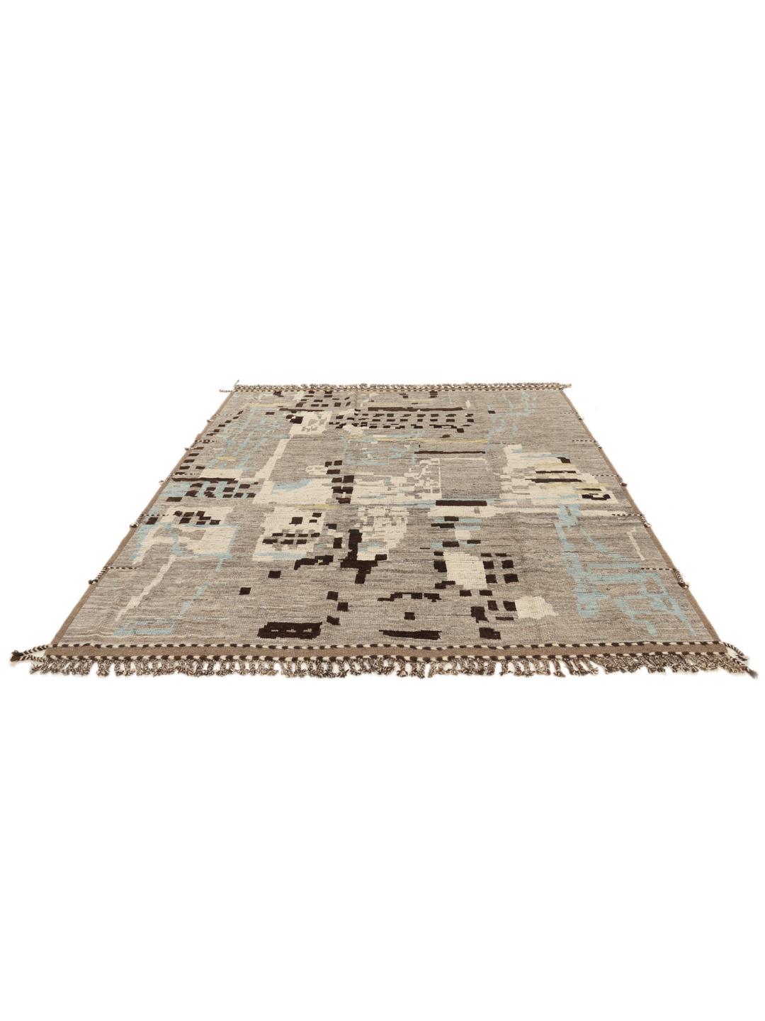 Hand-knotted Afghan rug with abstract patterns in grey, brown, and light blue