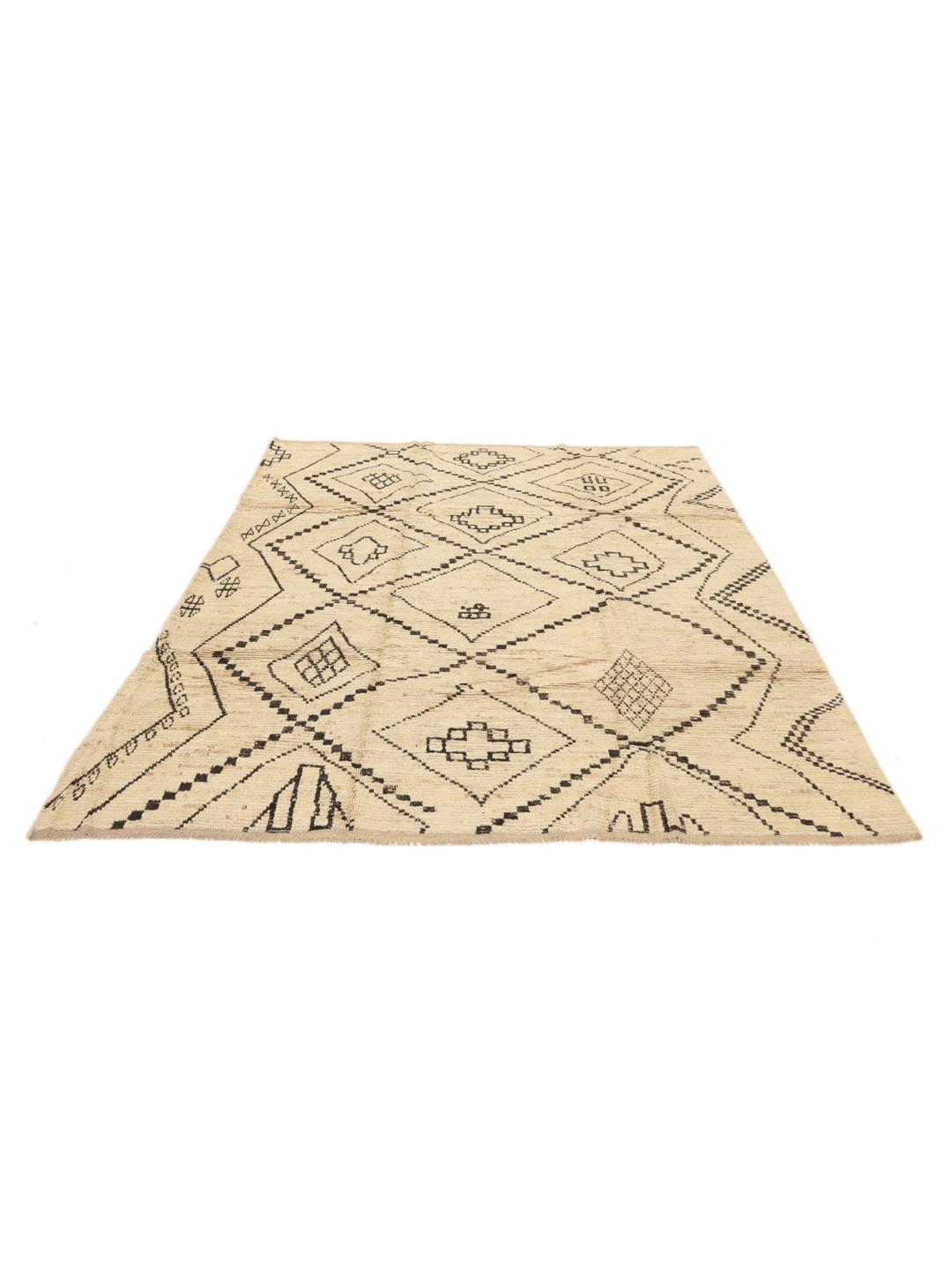 Hand-knotted Afghan rug with beige field and black geometric tribal motifs