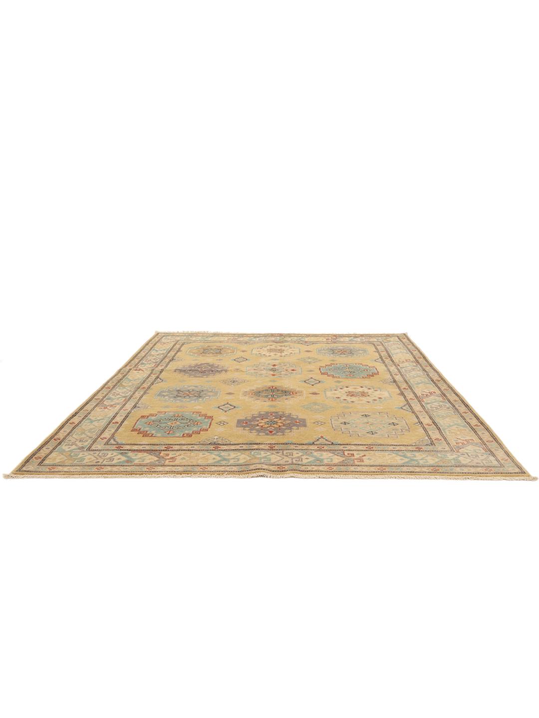 Handgeknoopt Afghaans Kazak-tapijt met beige veld en geometrische motieven